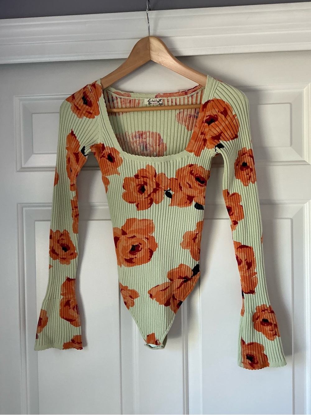 Free People Orange Floral Ribbed Scoop-Neck Bodysuit on Light Green